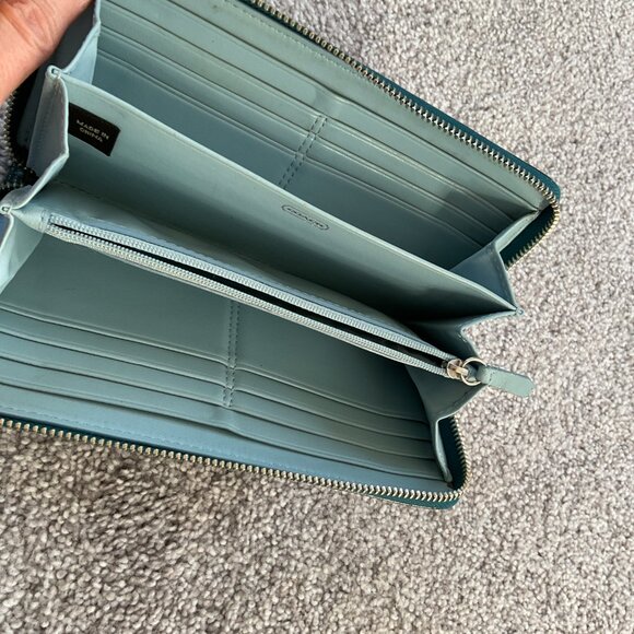 Coach Dark Turquoise Quilted Logo Zip Around Accordion Wallet - Picture 4 of 9